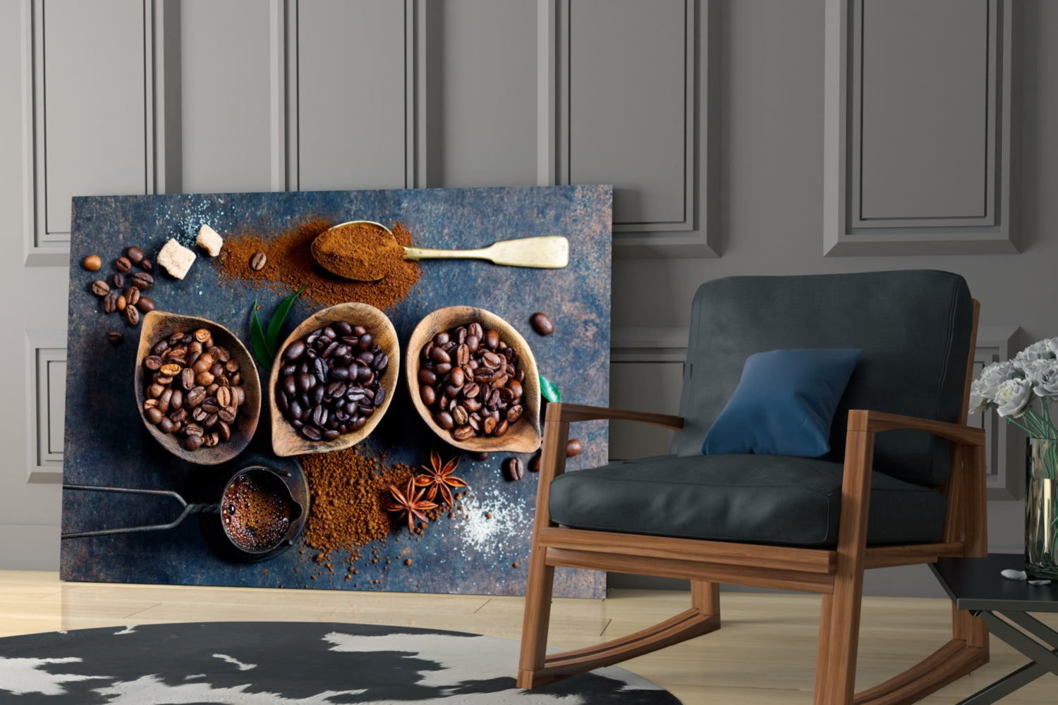 Blue Table Coffee Beans And Star Anise Glass Wall Art