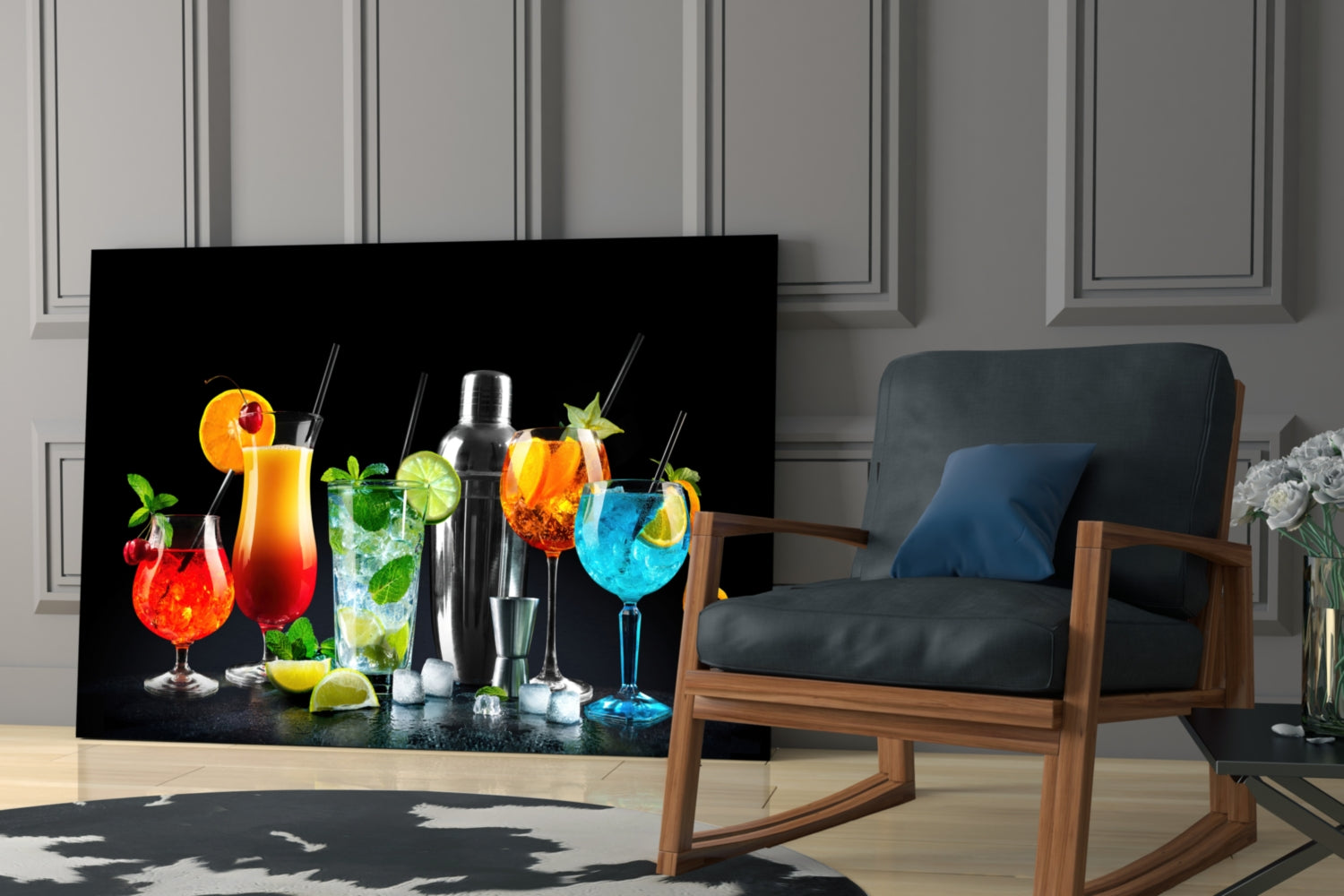 Neon Blue Shaker Lineup Cocktails Glass Wall Art