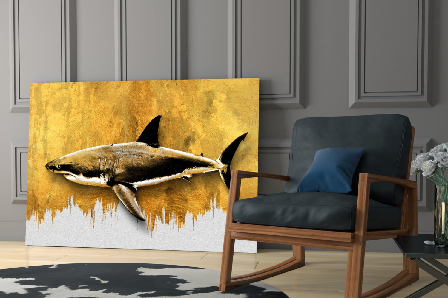 Gold Brushstroke Backdrop Shark Glass Wall Art