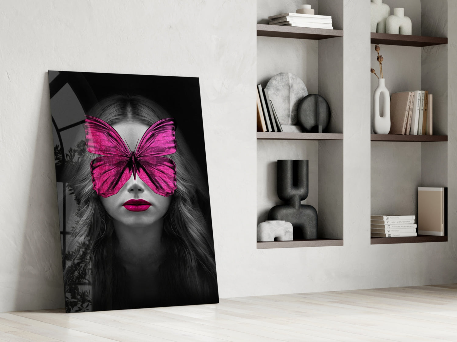 Magenta Butterfly Mask Woman Portrait Glass Wall Art