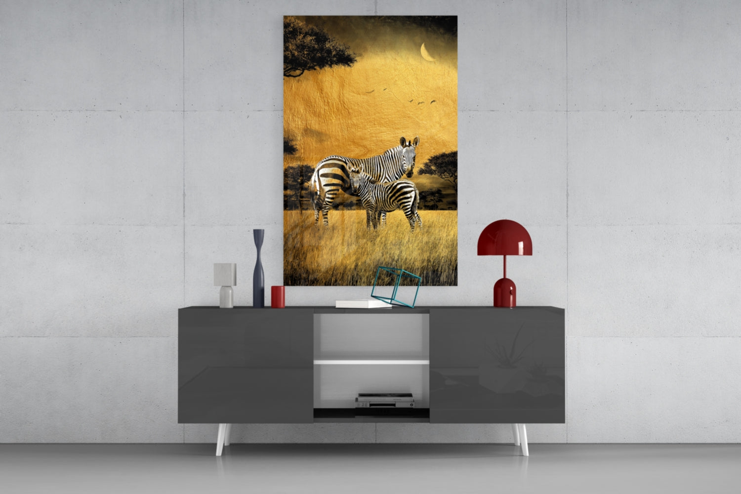 Golden Savanna Crescent Moon Zebras Glass Wall Art