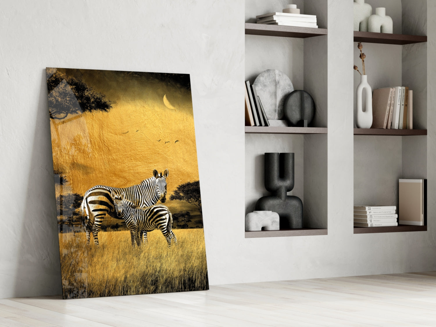 Golden Savanna Crescent Moon Zebras Glass Wall Art
