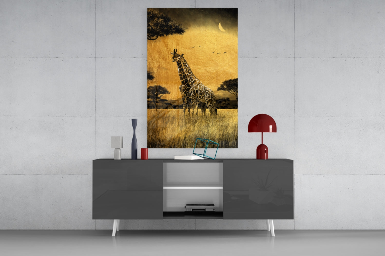 Golden Grassland Acacia Giraffe Pair Glass Wall Art