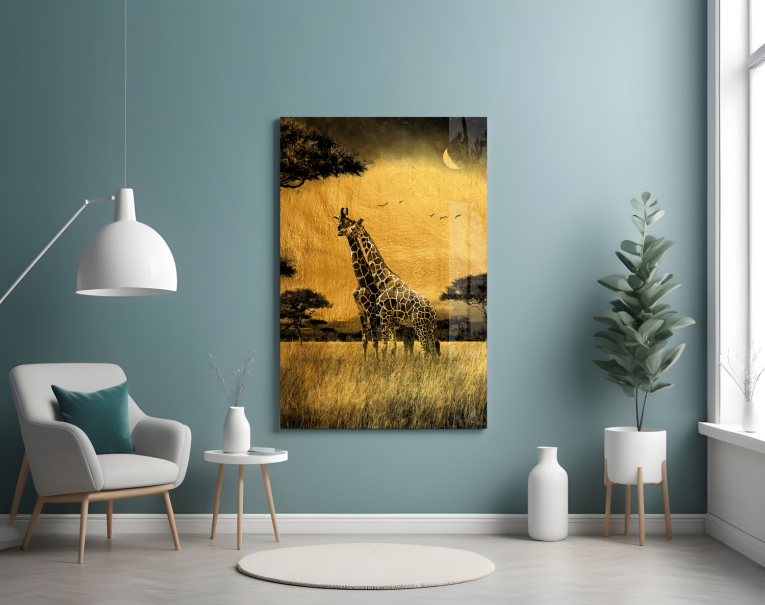 Golden Grassland Acacia Giraffe Pair Glass Wall Art