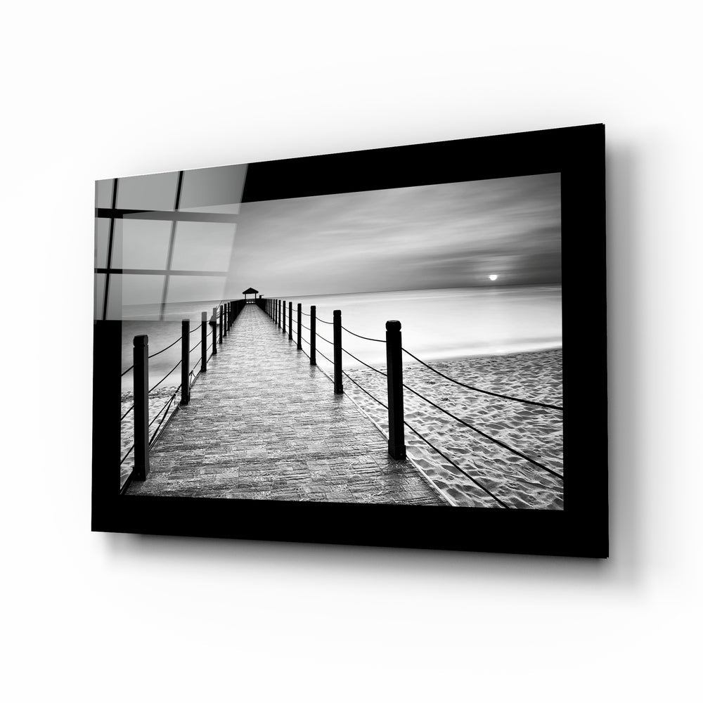 Rope Railing Beach Pier Sunrise Glass Wall Art