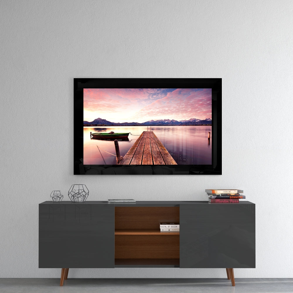 Green Boat Mountain Lake Glass Wall Art