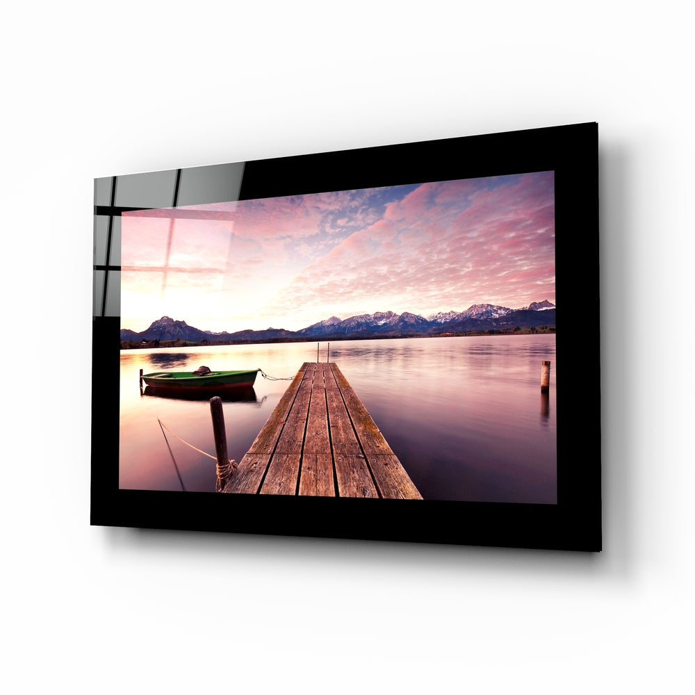 Green Boat Mountain Lake Glass Wall Art