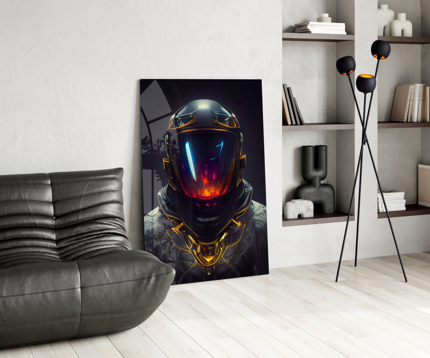 Crimson Visor Glowing Space Helmet Glass Wall Art