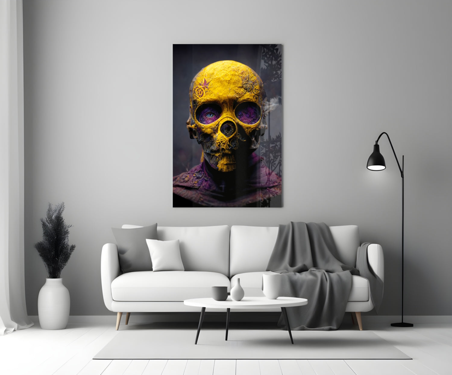 Yellow Skull In Purple Hooded Robe Glass Wall Art