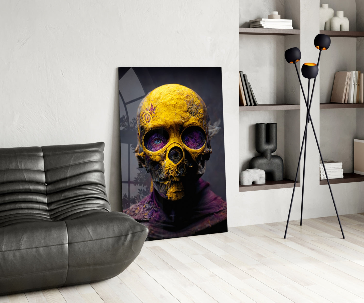 Yellow Skull In Purple Hooded Robe Glass Wall Art