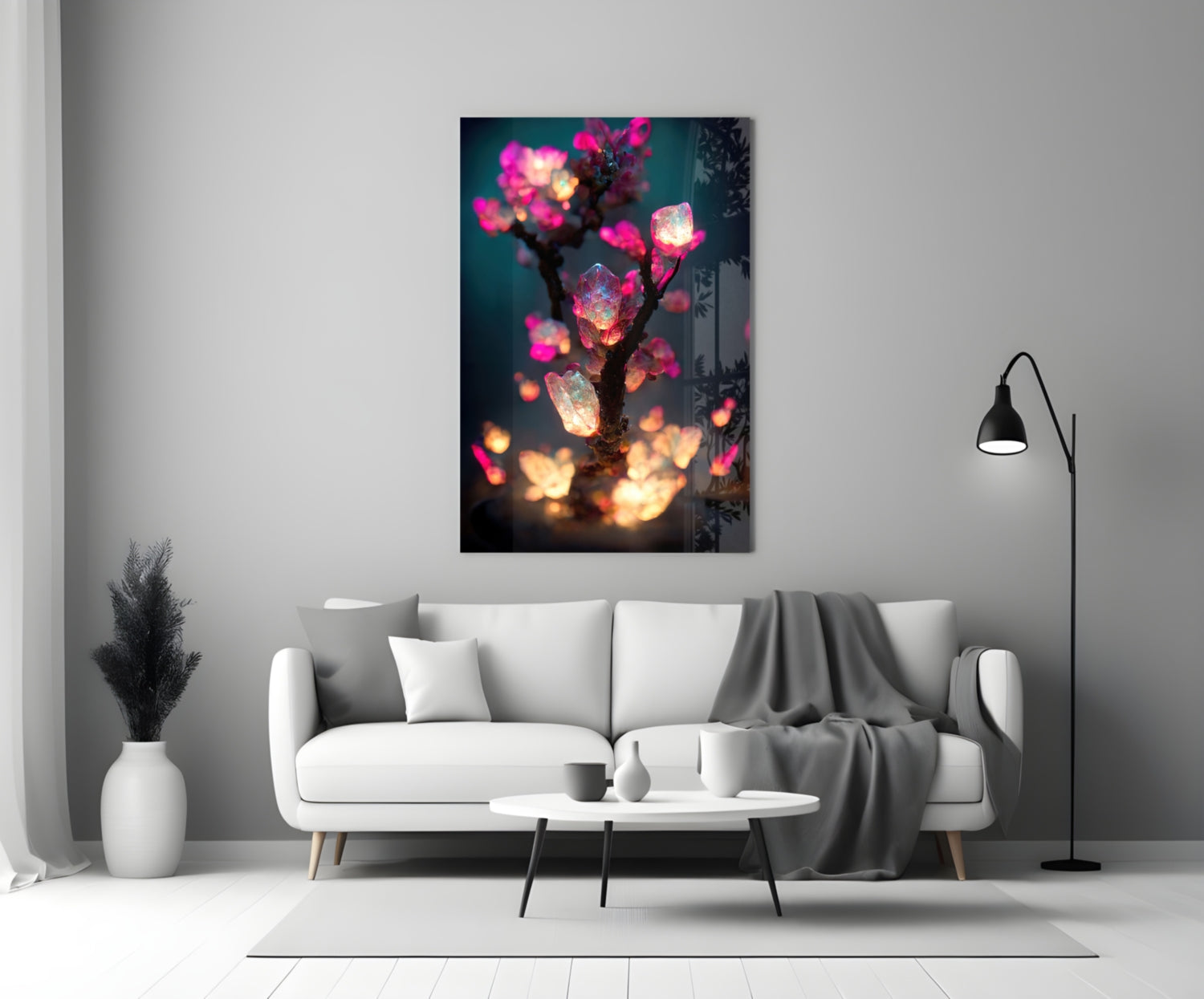 Luminous Pink Crystal Tree Glass Wall Art