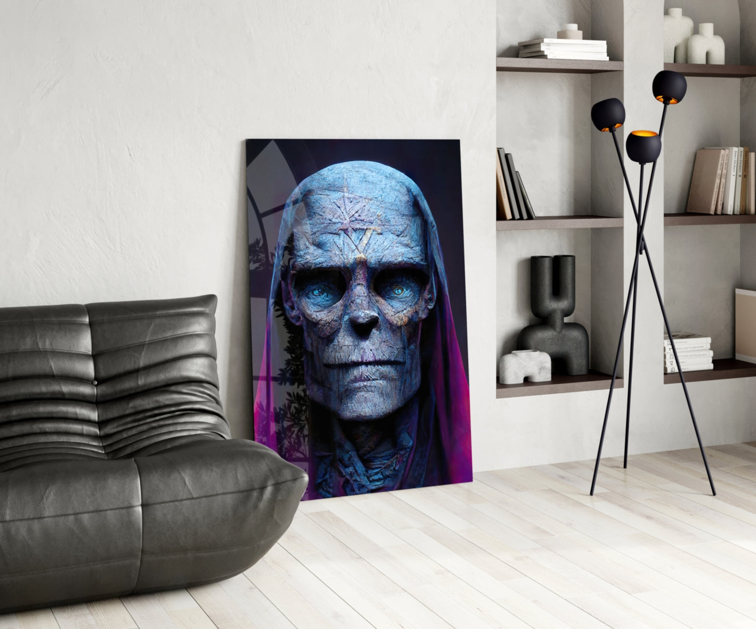 Blue Skull Elder In Magenta Veil Glass Wall Art