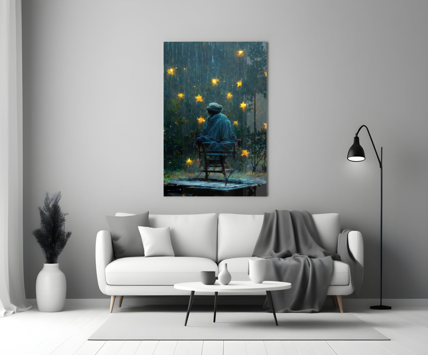 Rainy Night Glowing Stars Seated Man Glass Wall Art