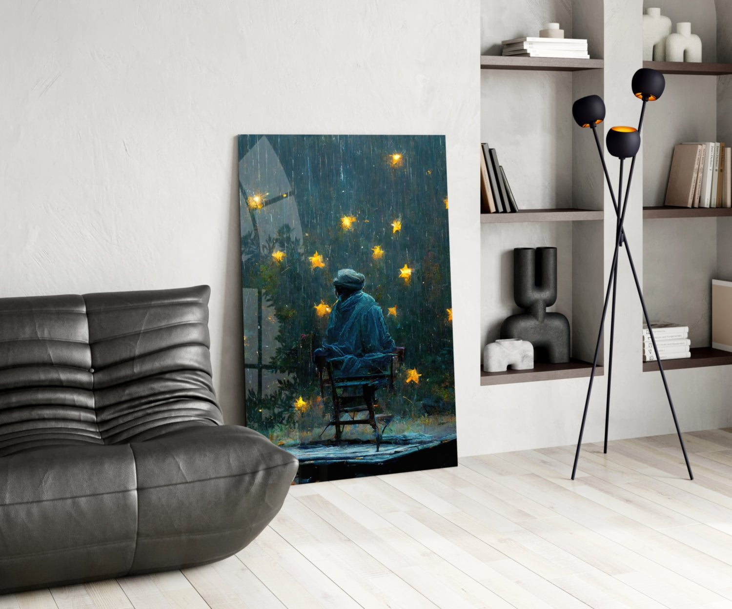 Rainy Night Glowing Stars Seated Man Glass Wall Art