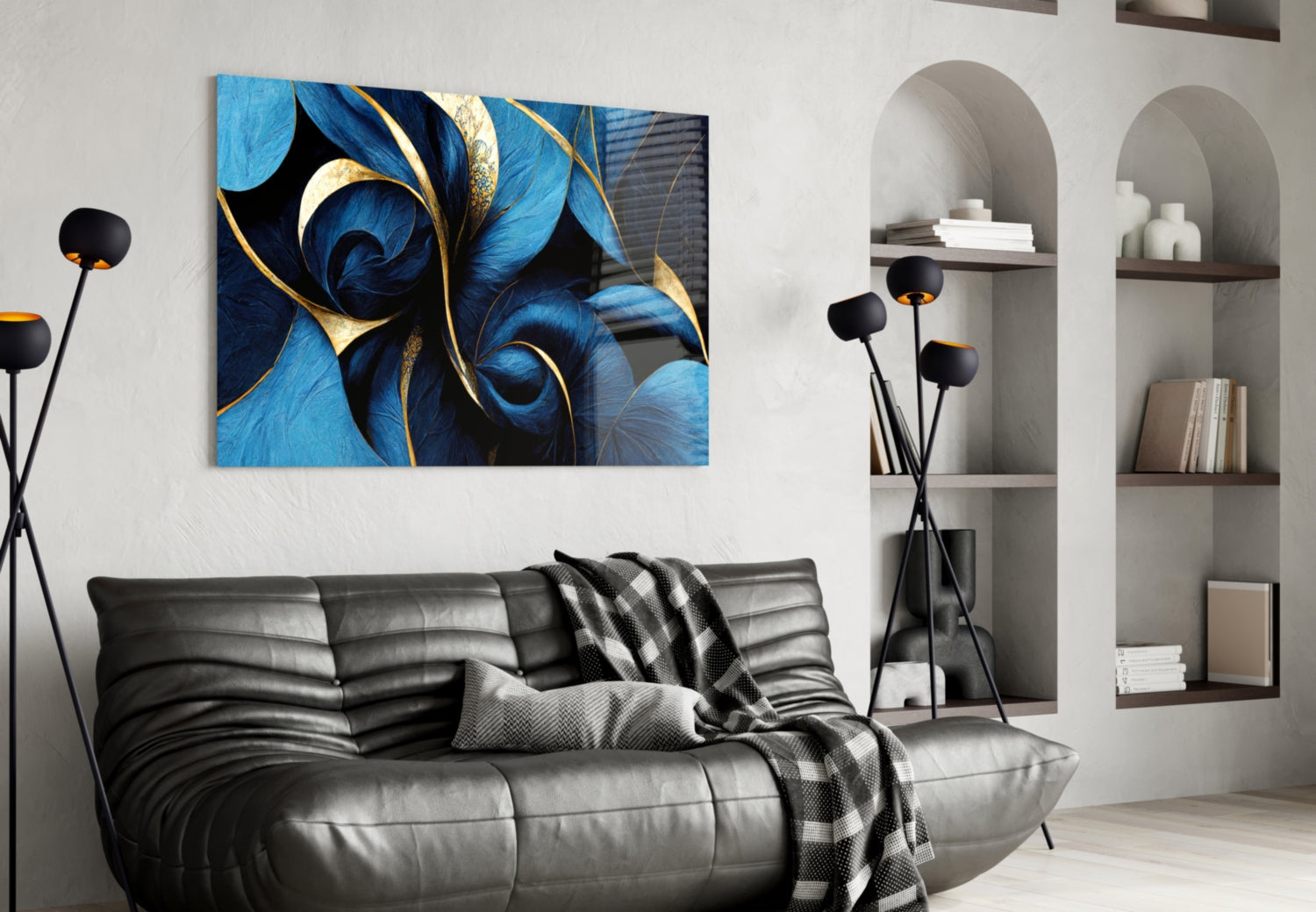 Sapphire Feather Spirals Gold Leaf Glass Wall Art