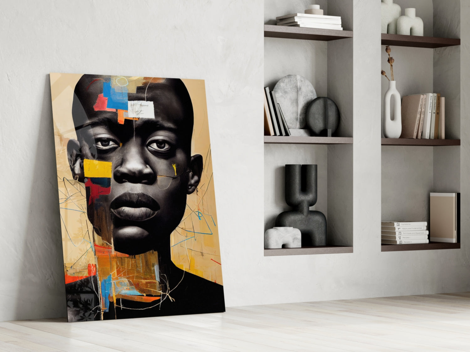 Golden Tan Sketch Collage Portrait Glass Wall Art