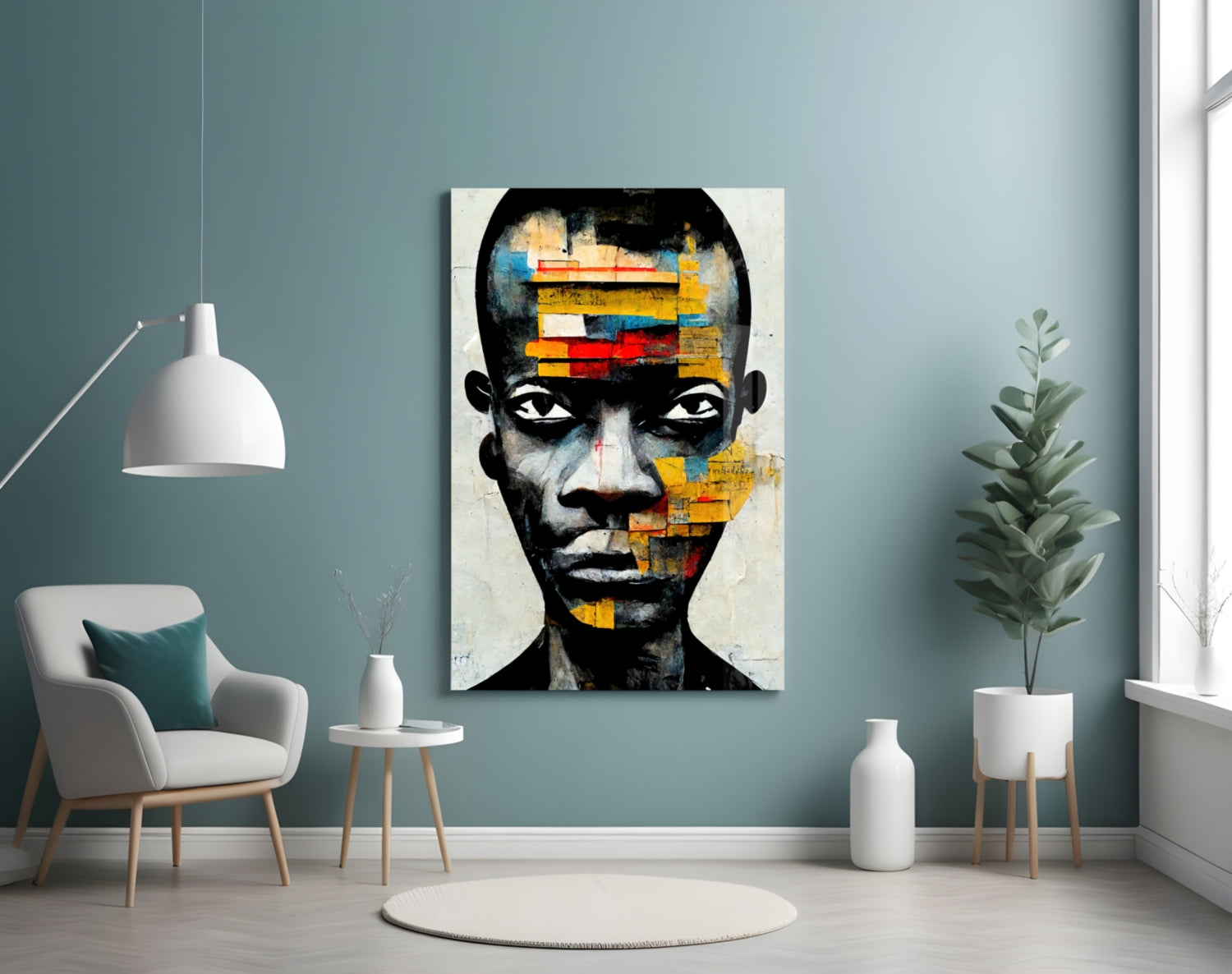 Yellow Paper Strip Collage Portrait Glass Wall Art
