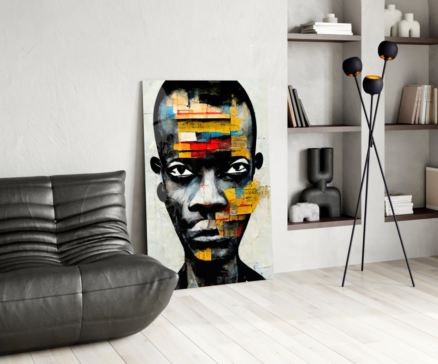 Yellow Paper Strip Collage Portrait Glass Wall Art