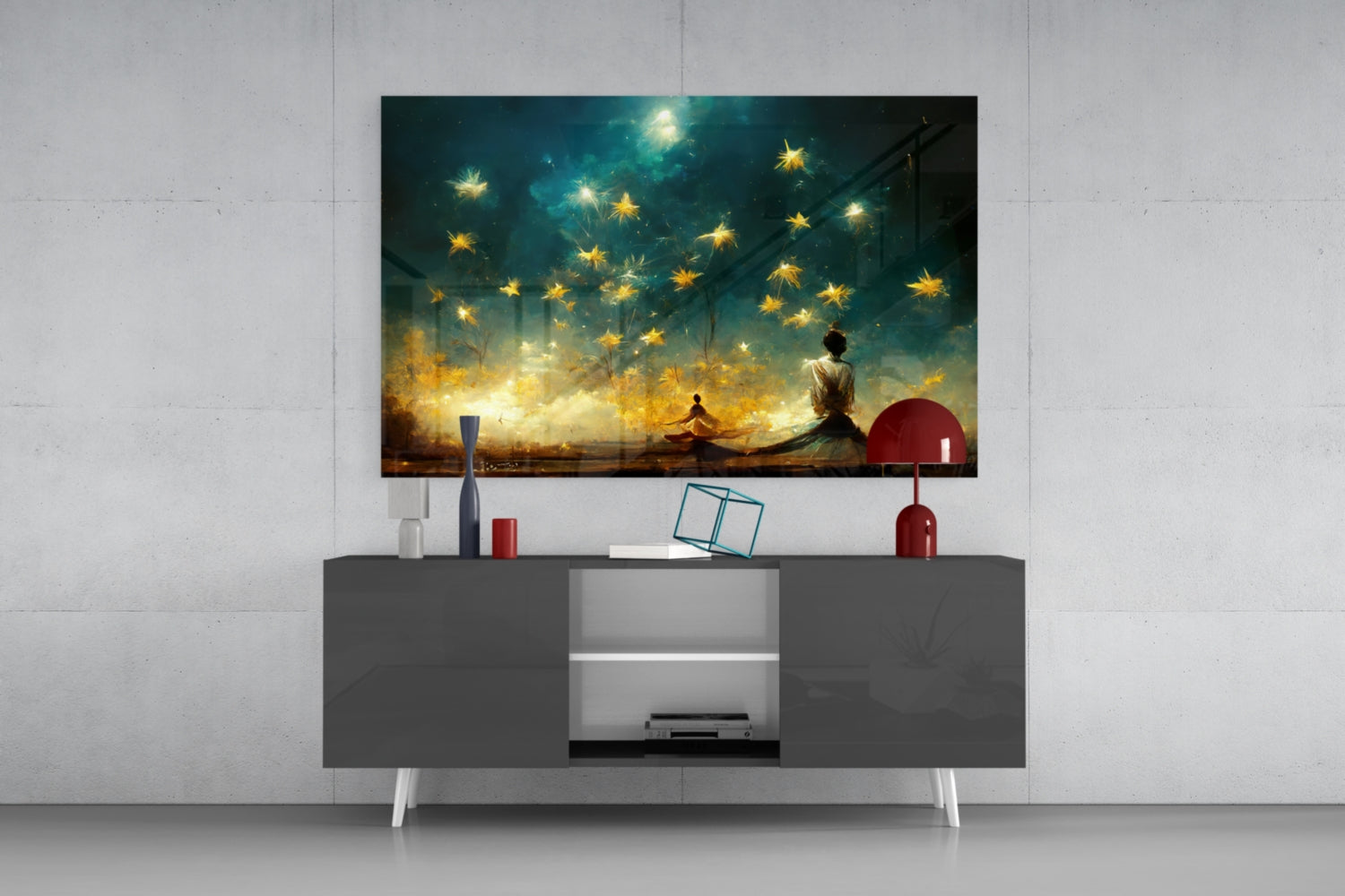 Meditation Falling Stars Teal Glass Wall Art