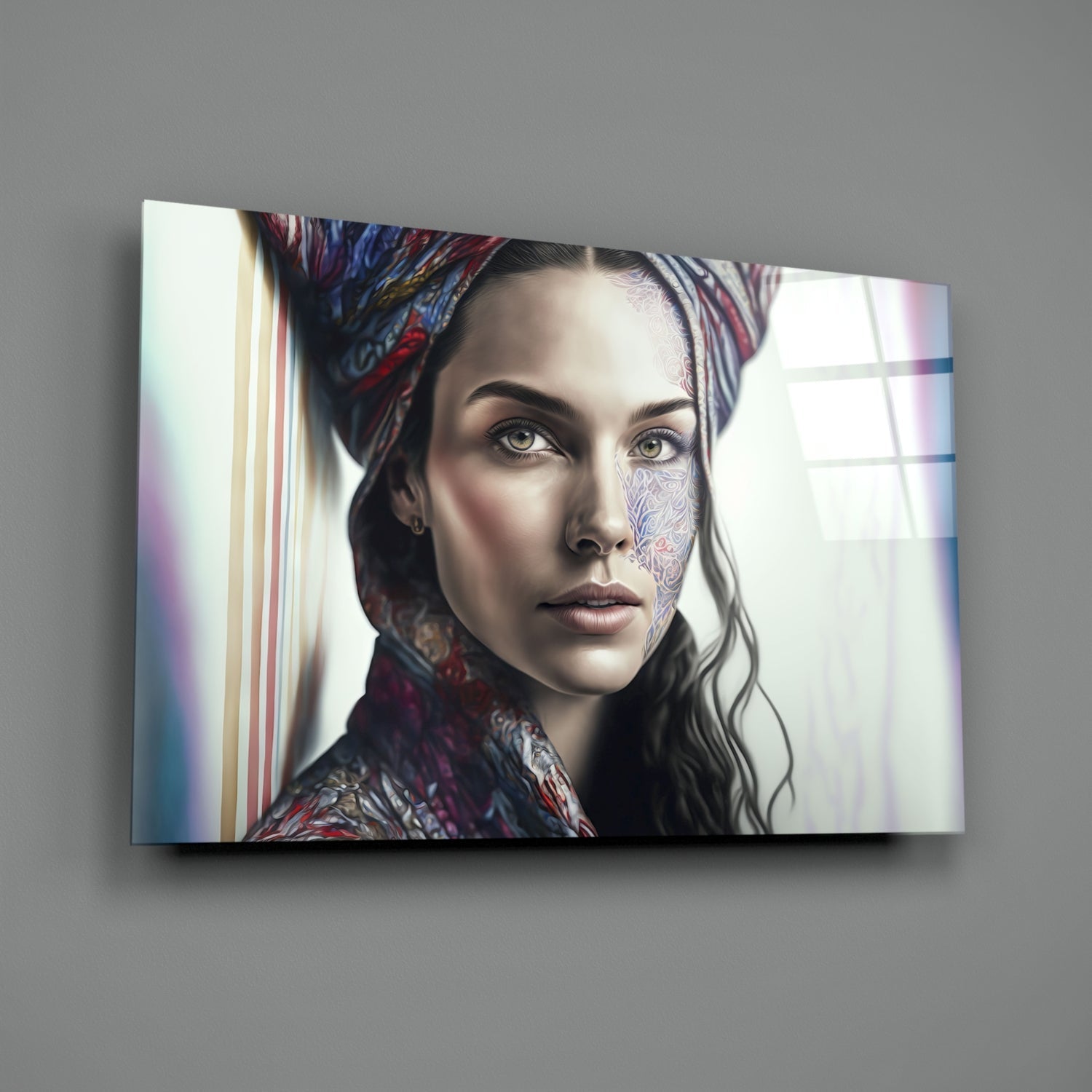 Paisley Scarf Woman Floral Face Tattoo Glass Wall Art
