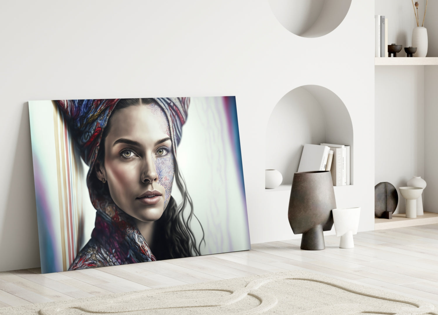 Paisley Scarf Woman Floral Face Tattoo Glass Wall Art