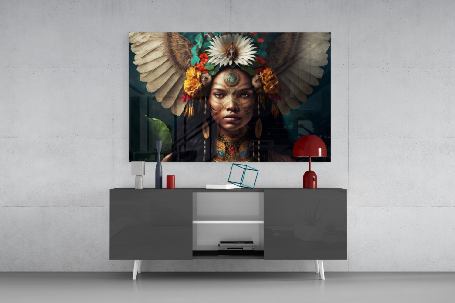White Wings Daisy Crown Woman Glass Wall Art