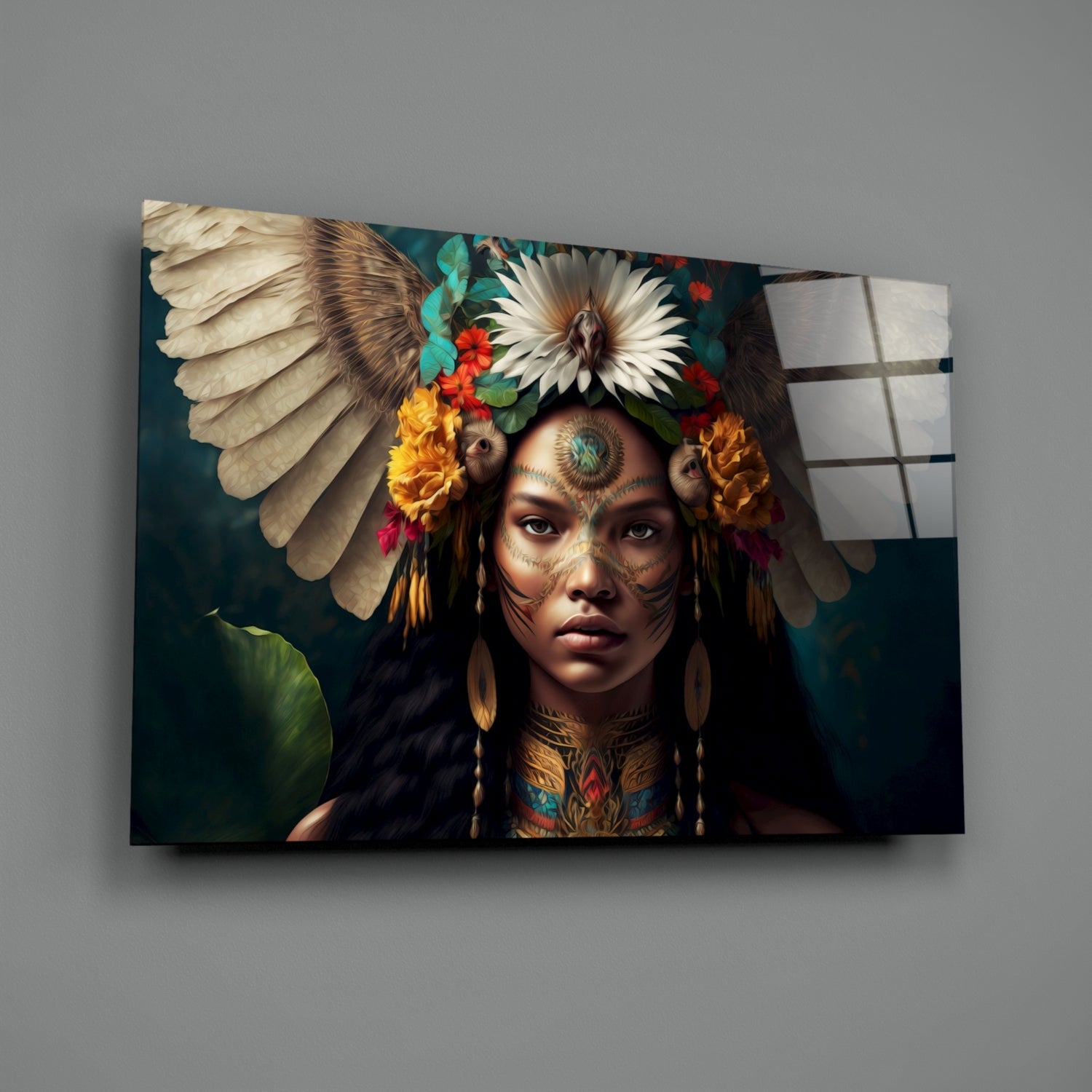 White Wings Daisy Crown Woman Glass Wall Art