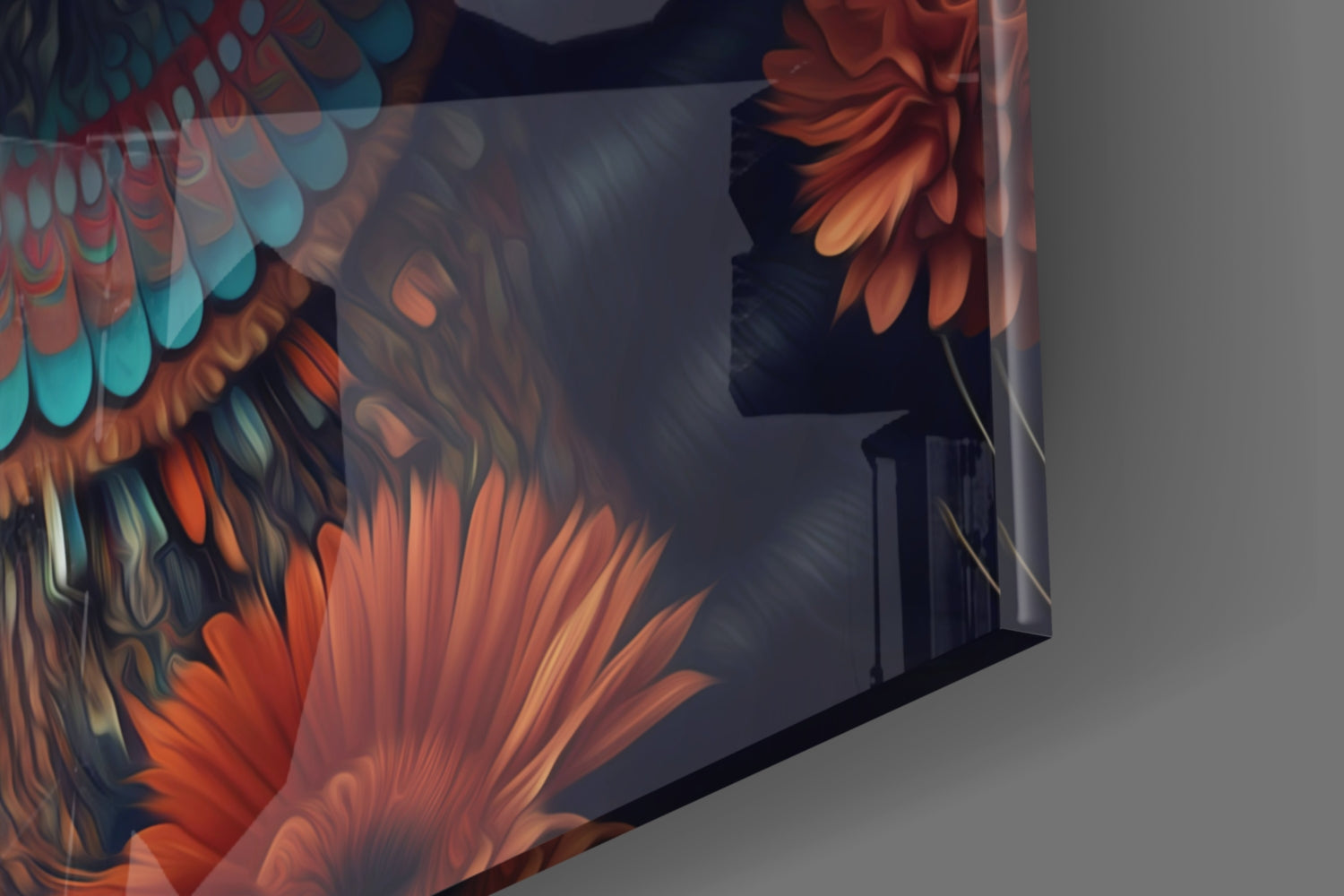 Orange Roses Green Feather Crown Woman Glass Wall Art