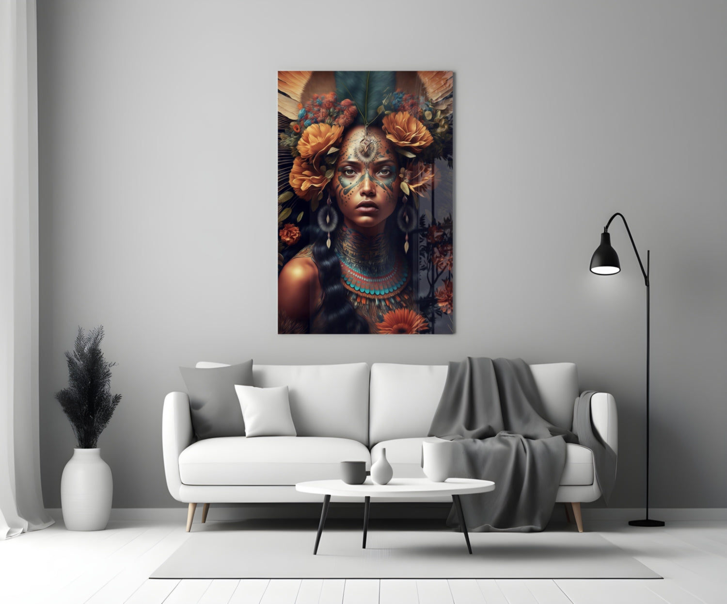 Orange Roses Green Feather Crown Woman Glass Wall Art