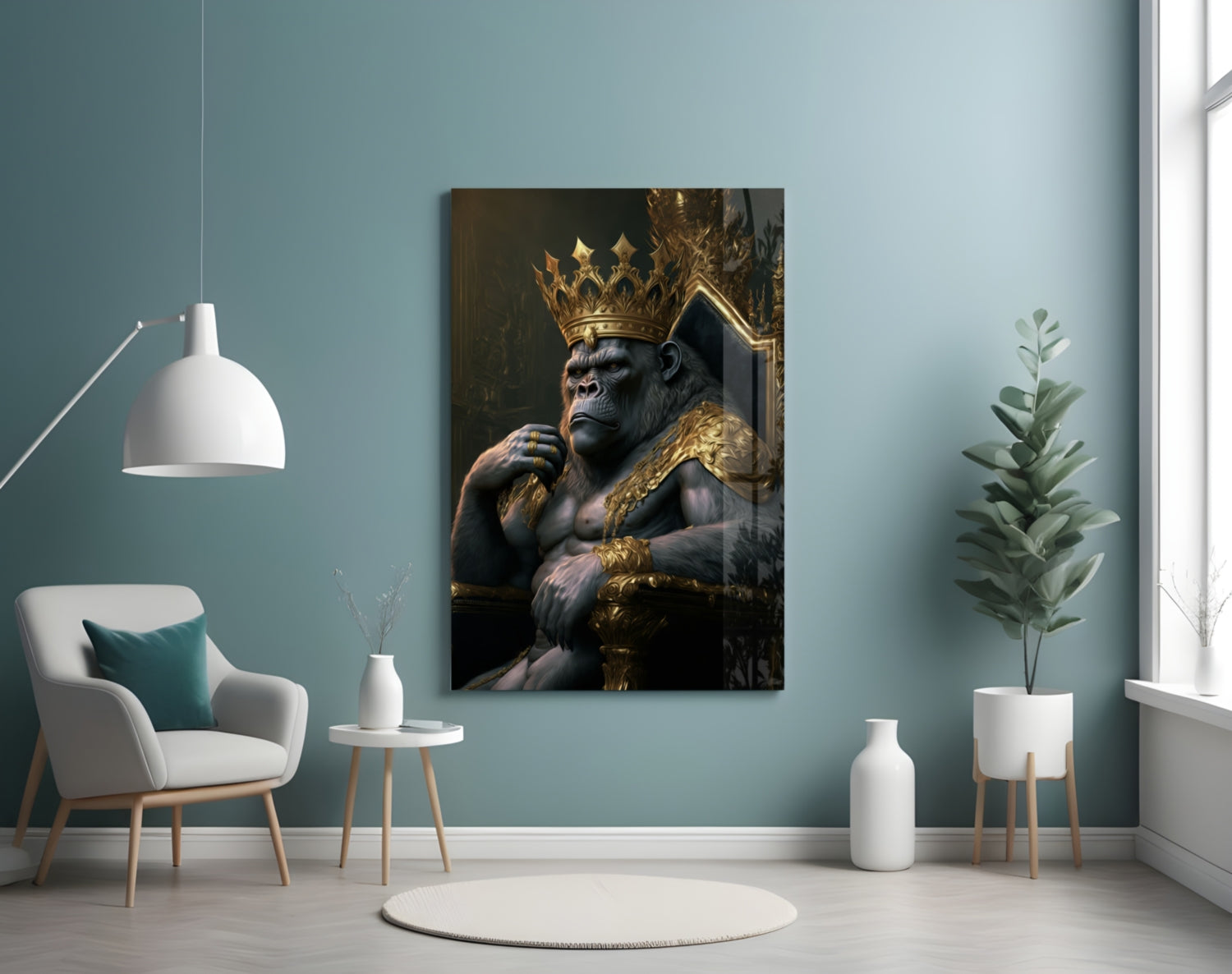 Crowned Gorilla On Golden Throne Glass Wall Art