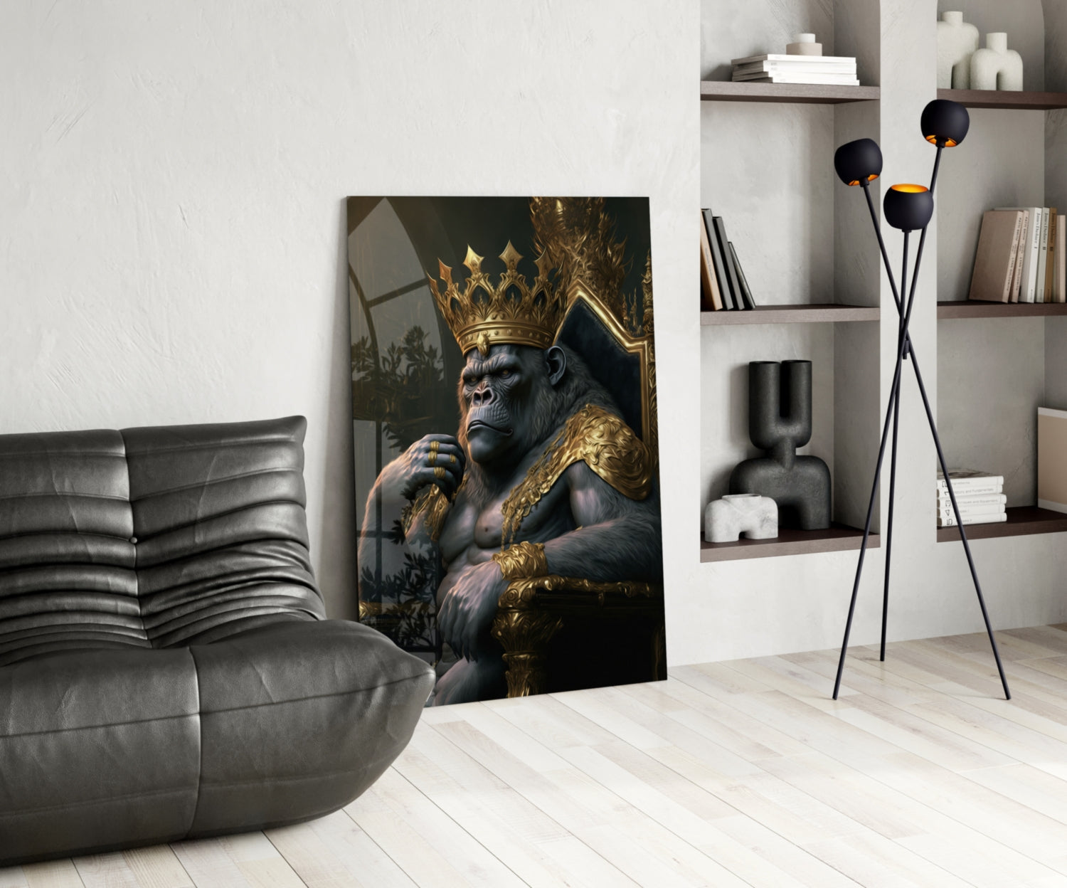Crowned Gorilla On Golden Throne Glass Wall Art