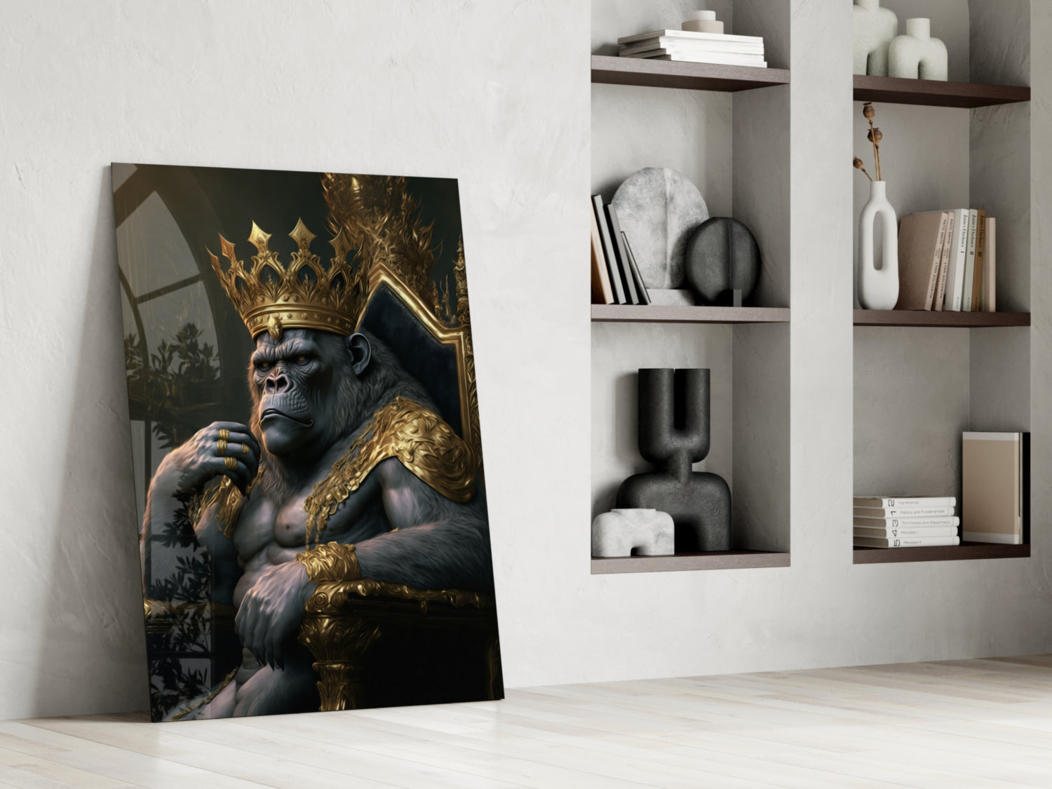 Crowned Gorilla On Golden Throne Glass Wall Art
