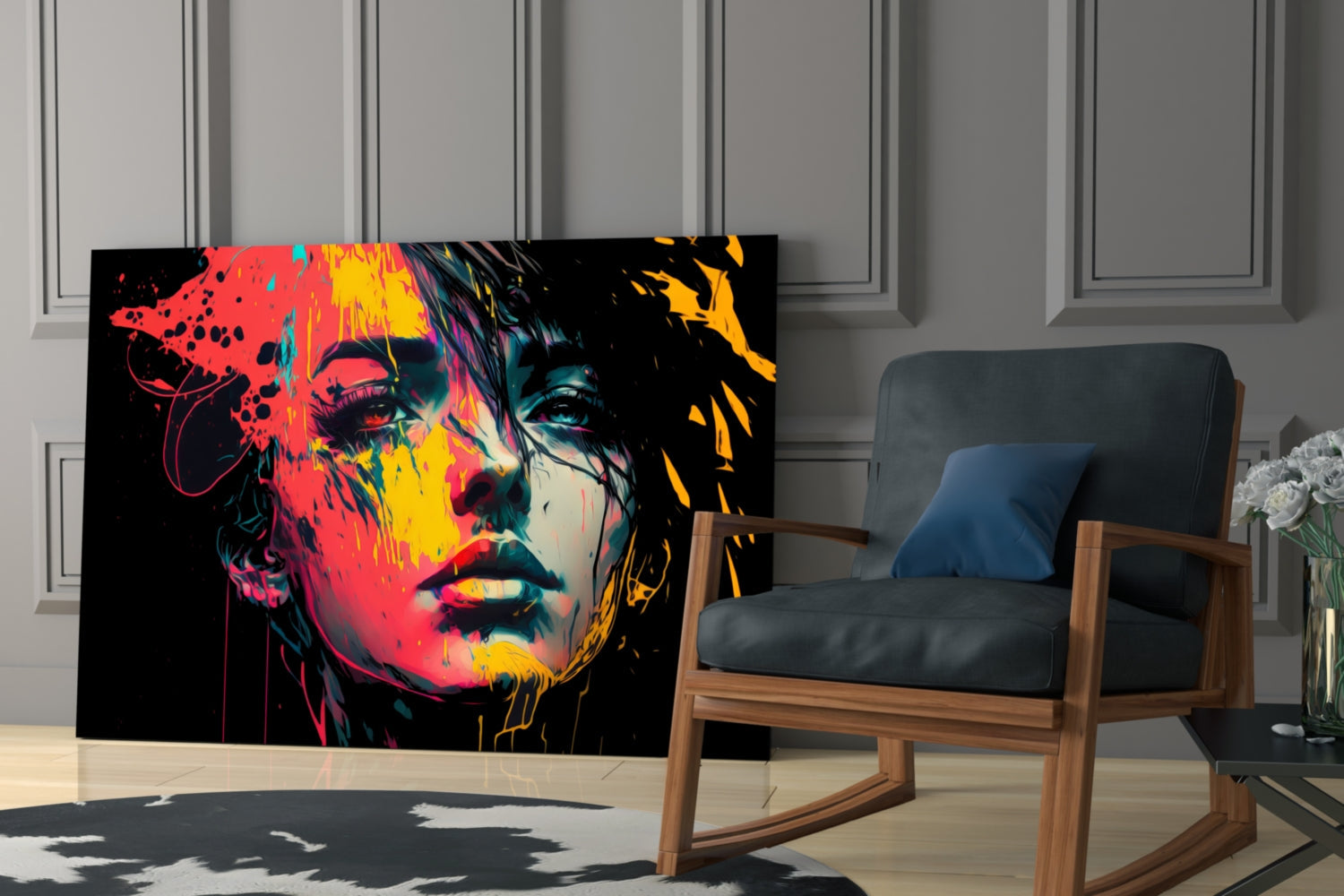 Neon Red Yellow Drip Face on Black Glass Wall Art