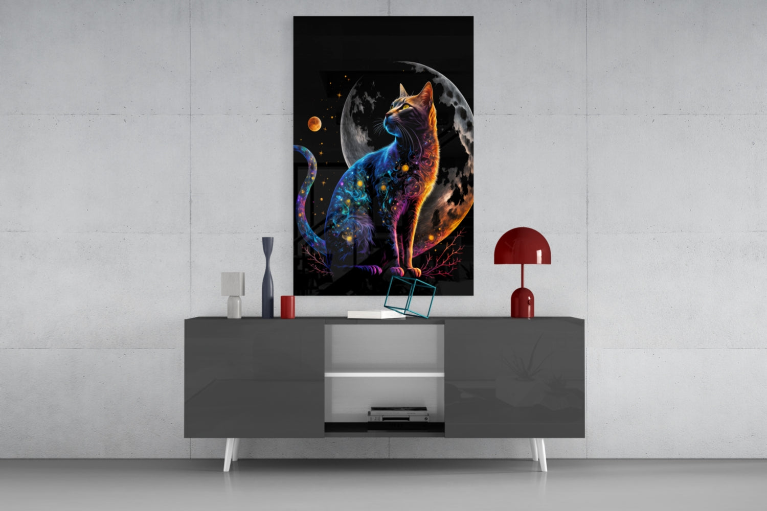 Glowing Blue Cat Silhouette Full Moon Glass Wall Art