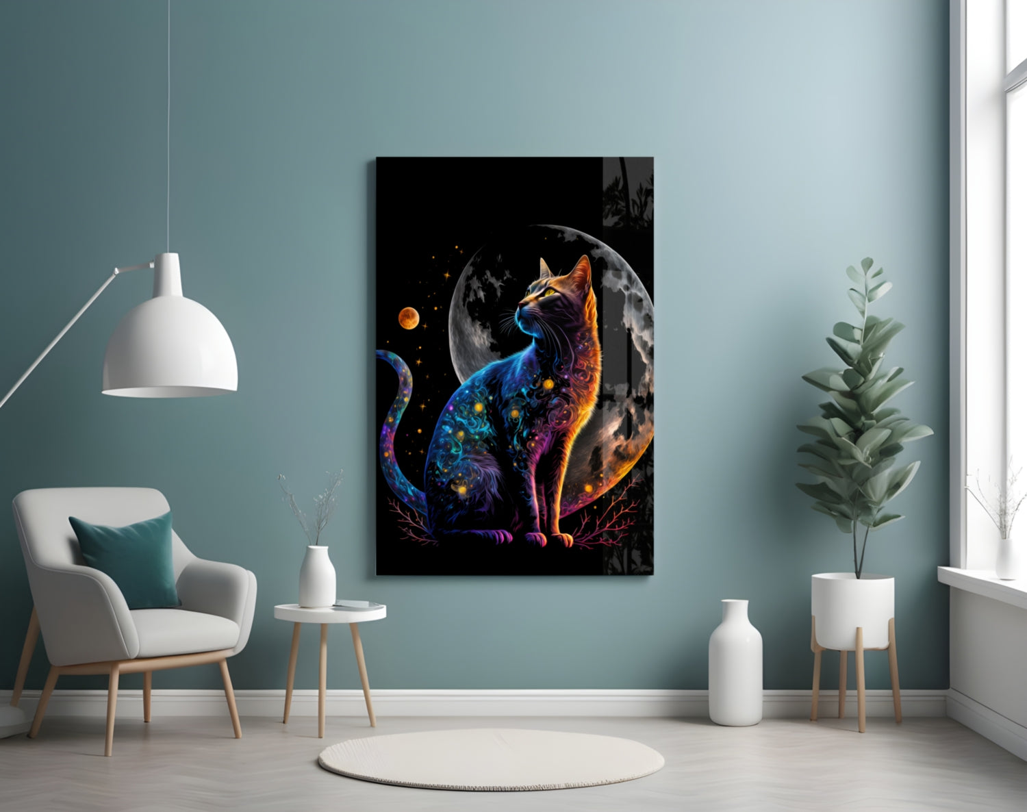 Glowing Blue Cat Silhouette Full Moon Glass Wall Art