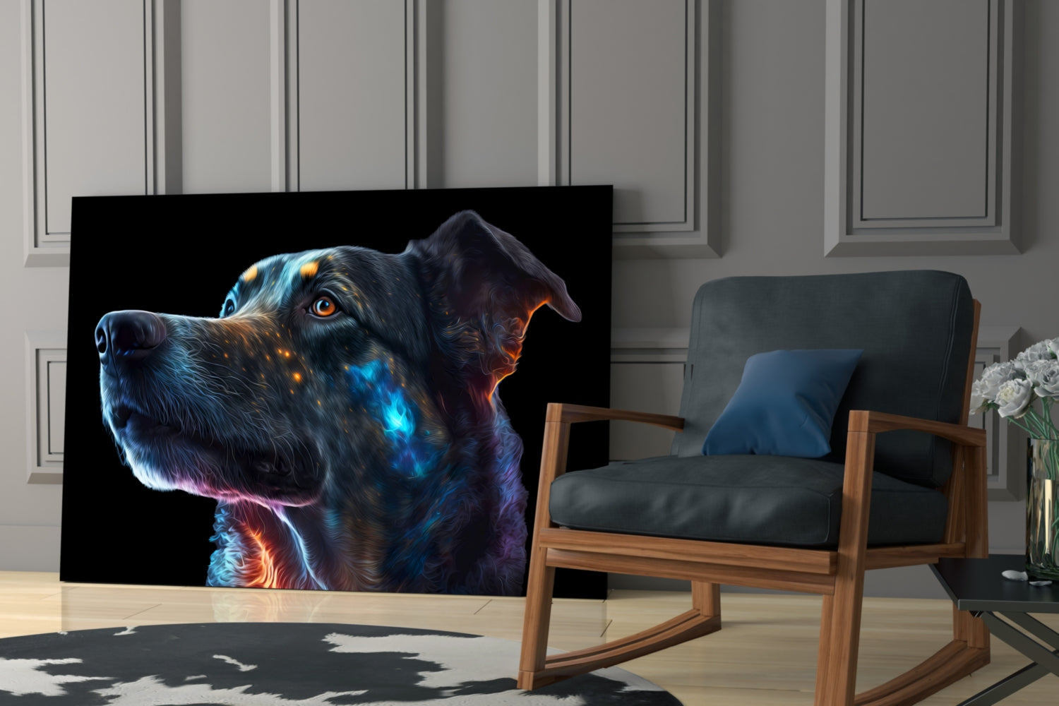 Golden Blue Glowing Dog Portrait Glass Wall Art