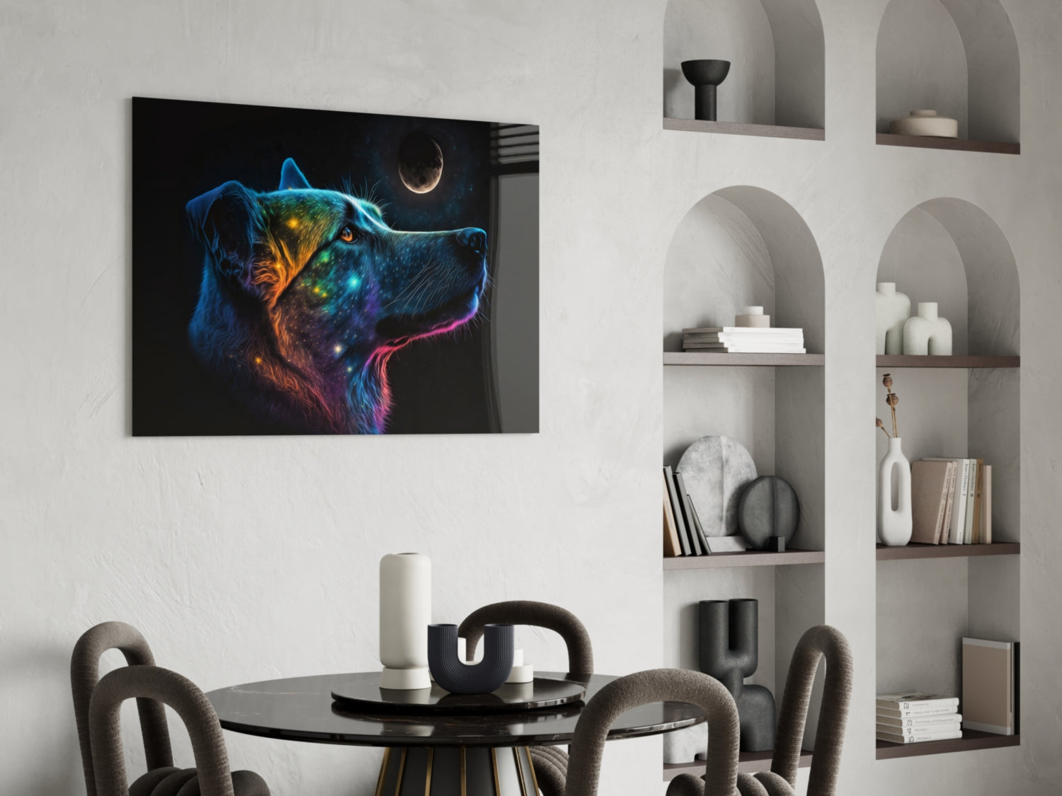 Neon Dog Profile Crescent Moon Glass Wall Art