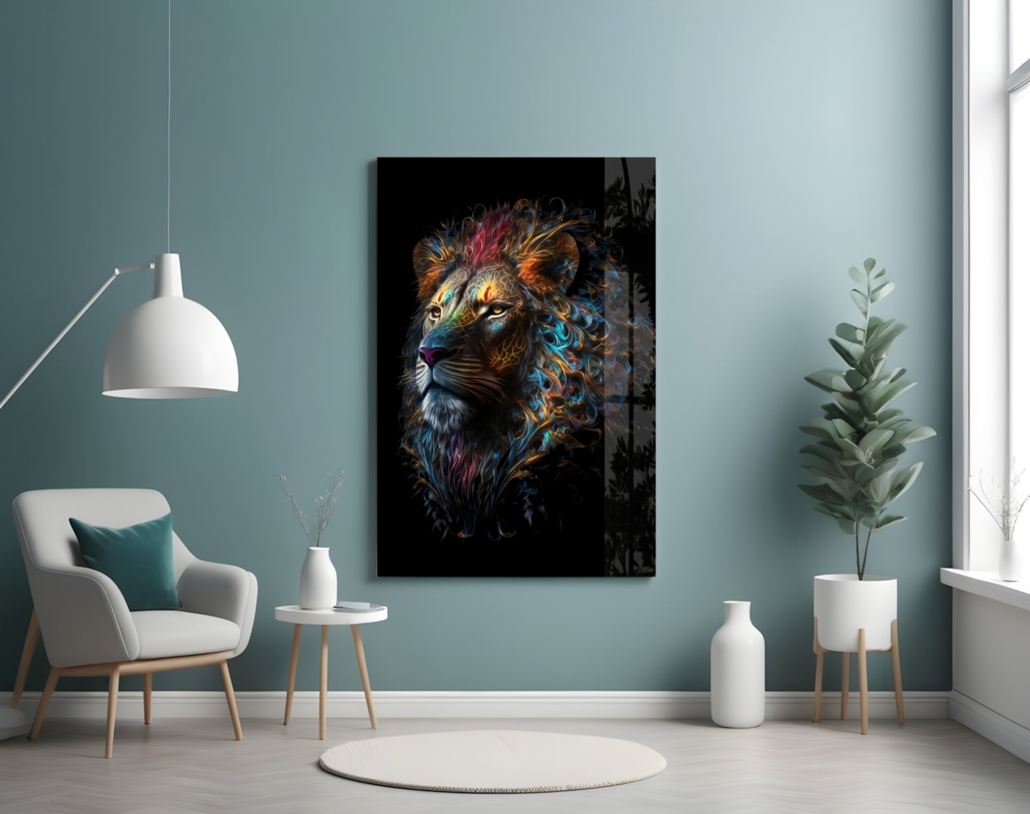 Jewel Tone Curly Mane Lion Portrait Glass Wall Art
