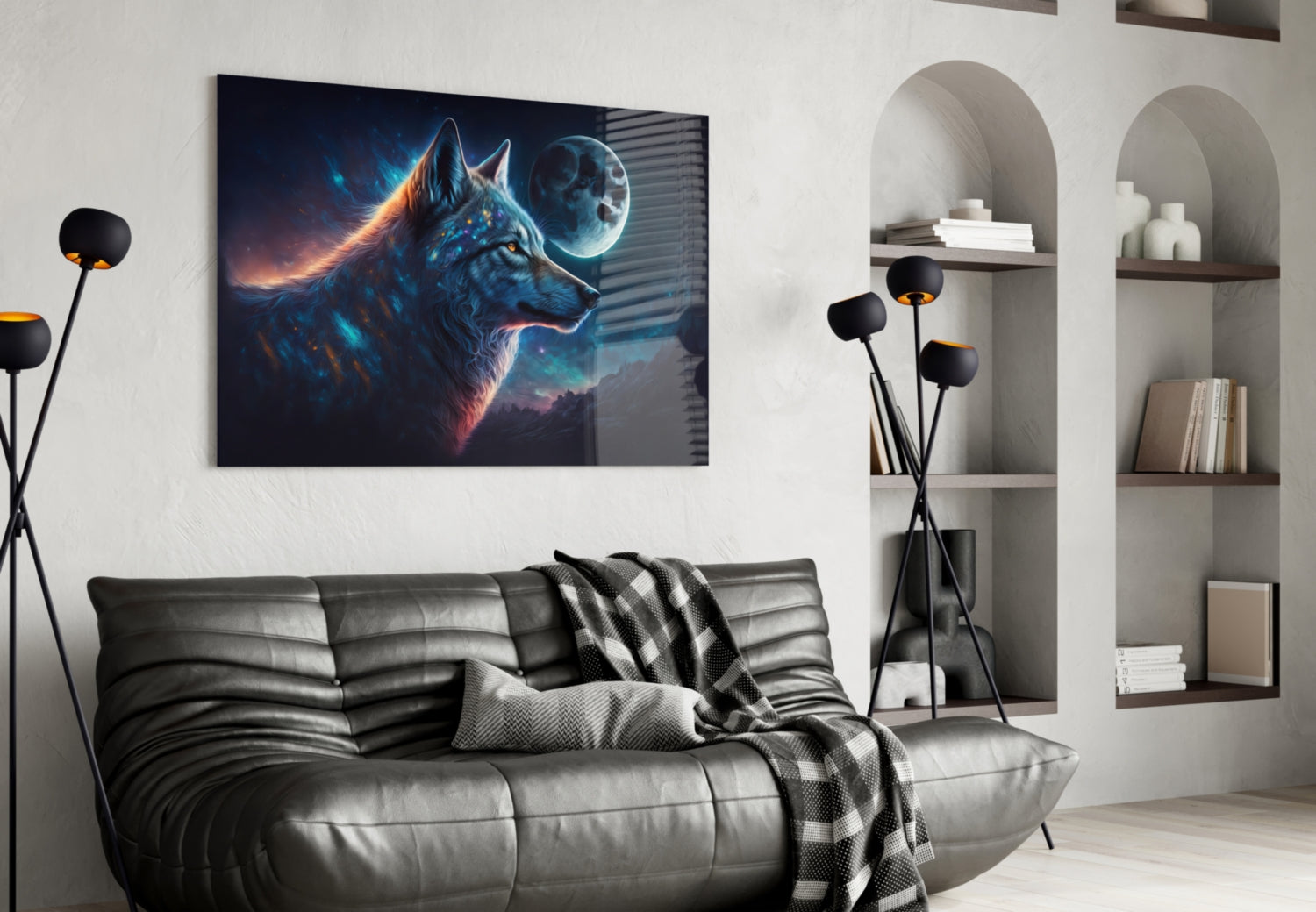 Blue Galaxy Wolf Profile Full Moon Glass Wall Art