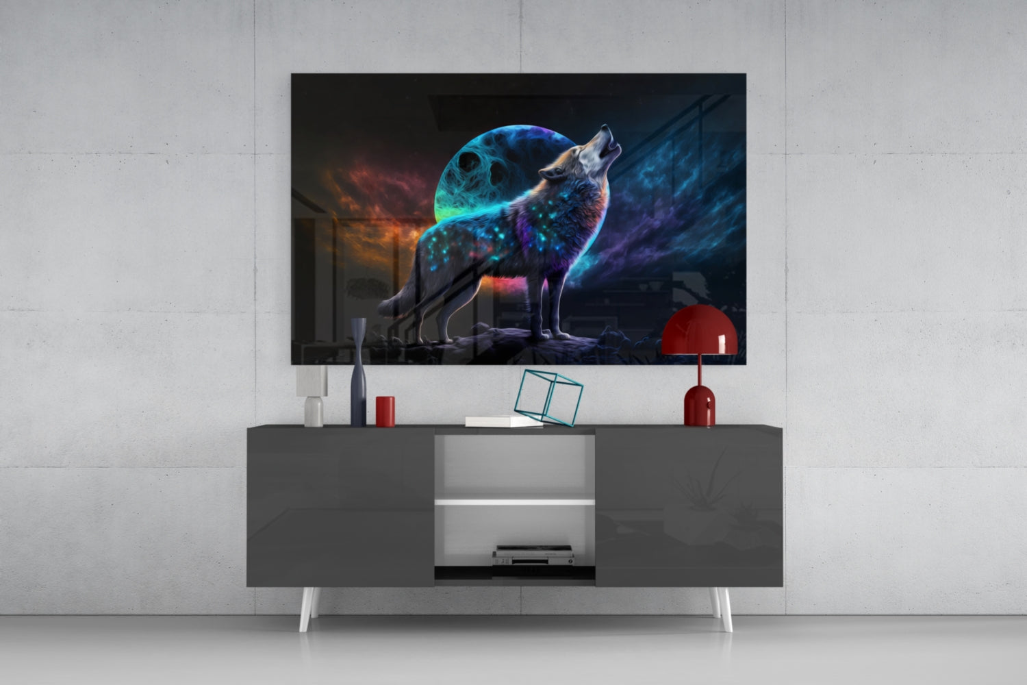 Neon Wolf Howling On Rocky Ridge Glass Wall Art
