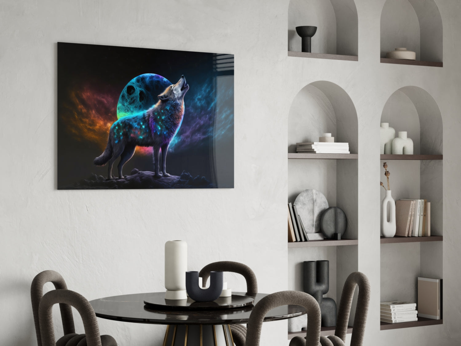 Neon Wolf Howling On Rocky Ridge Glass Wall Art