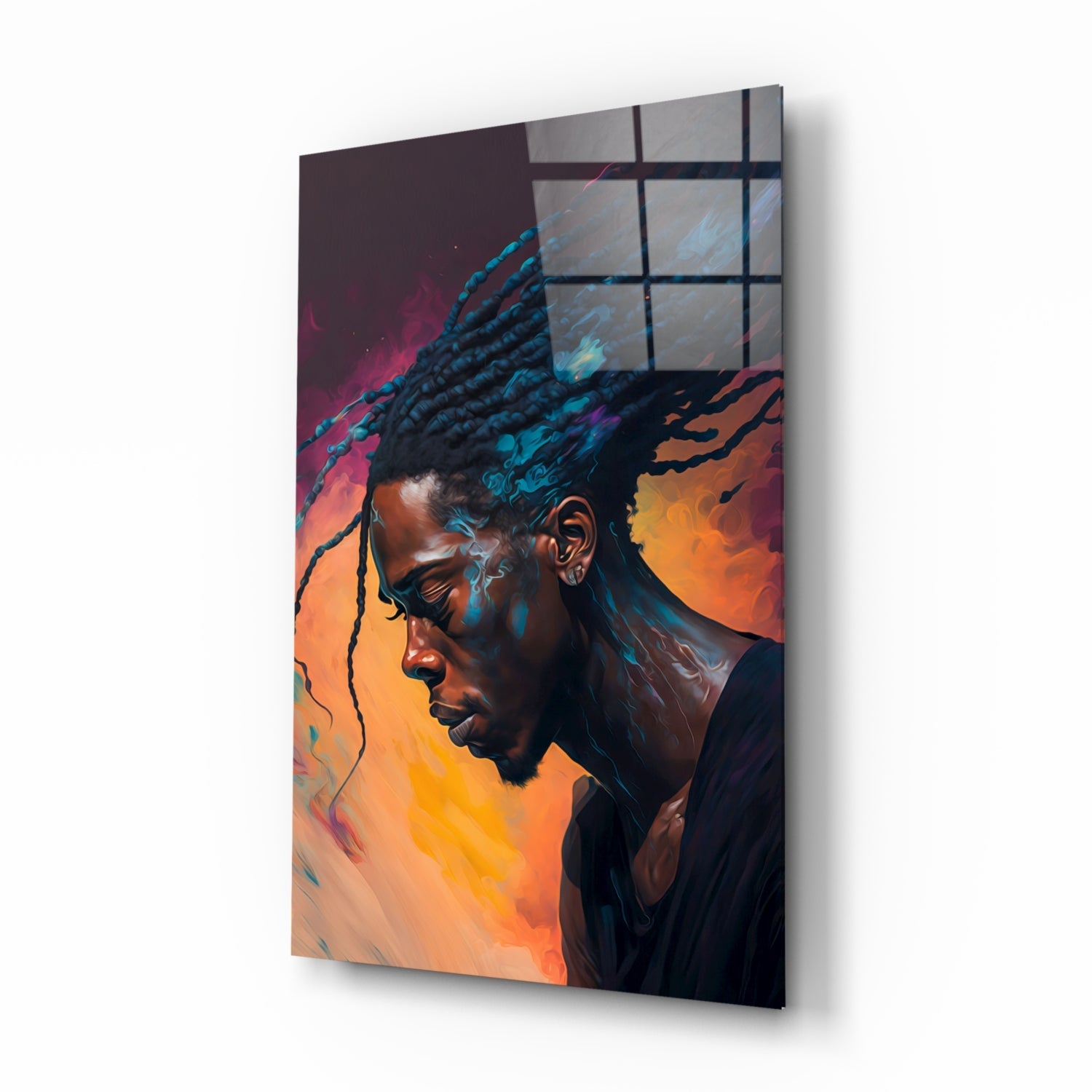 Braided Locs Man On Sunset Hues Glass Wall Art
