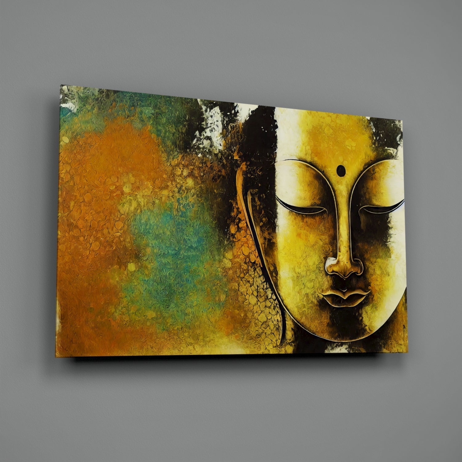Golden Yellow Serene Buddha Face Glass Wall Art