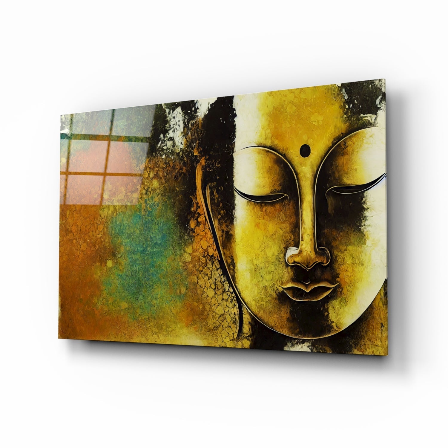 Golden Yellow Serene Buddha Face Glass Wall Art