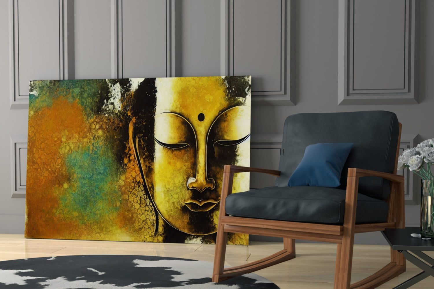 Golden Yellow Serene Buddha Face Glass Wall Art