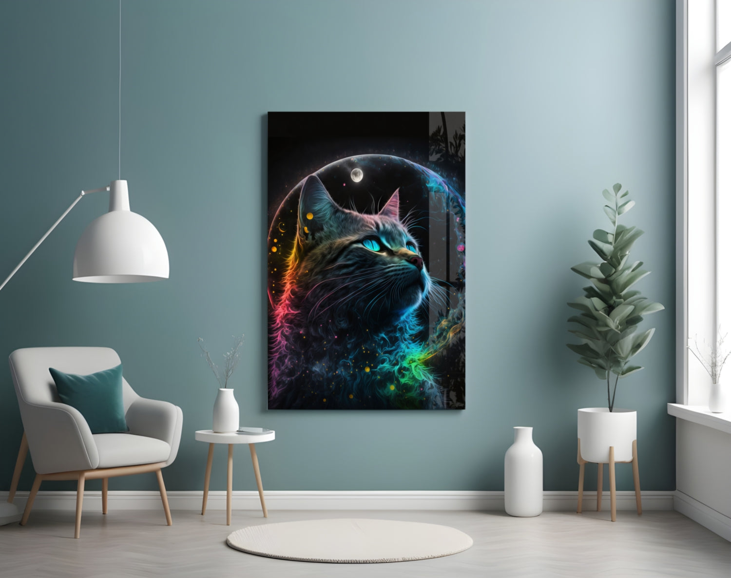 Rainbow Neon Fur Cat Moon Portrait Glass Wall Art