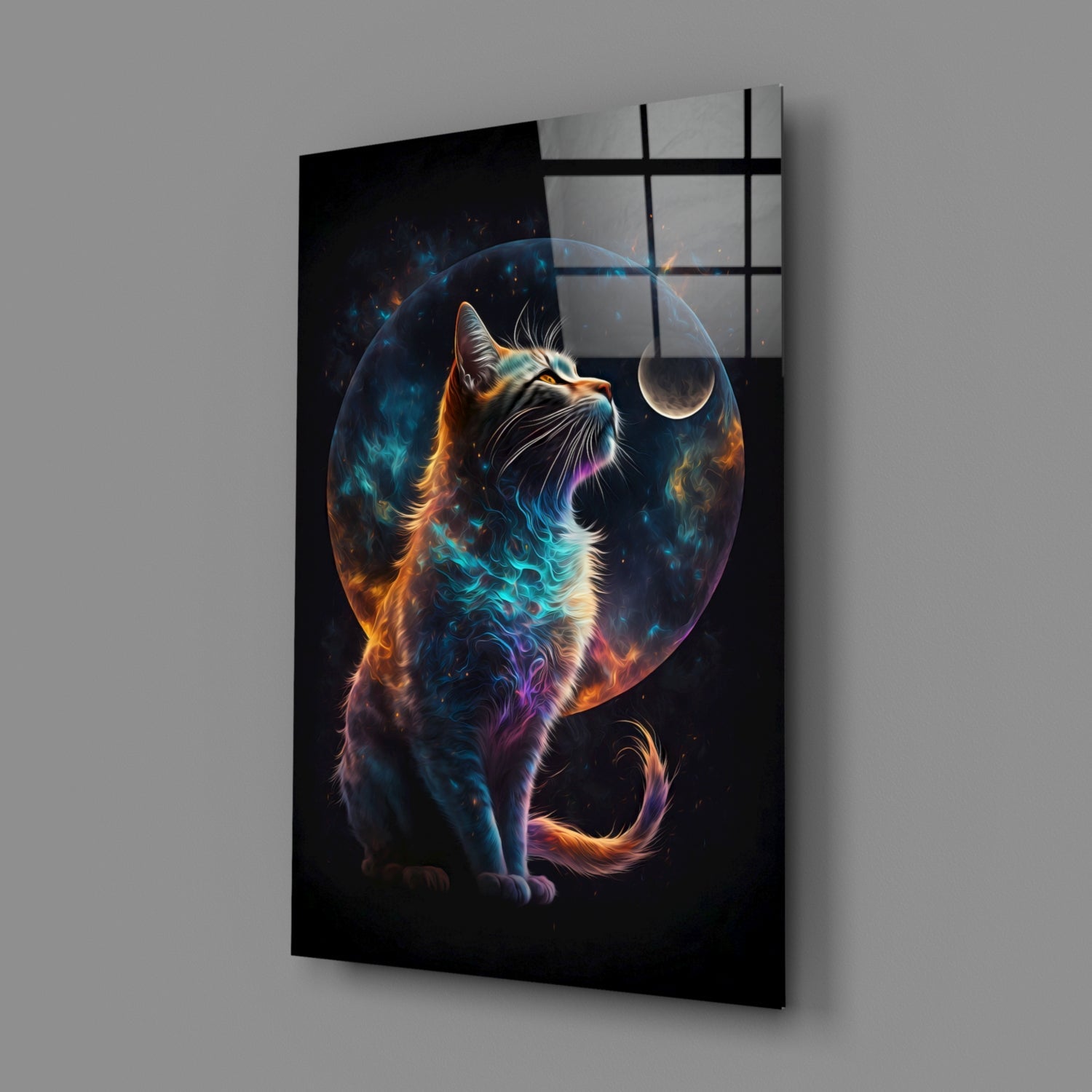 Nebula Fur Cat With Crescent Moon Glass Wall Art