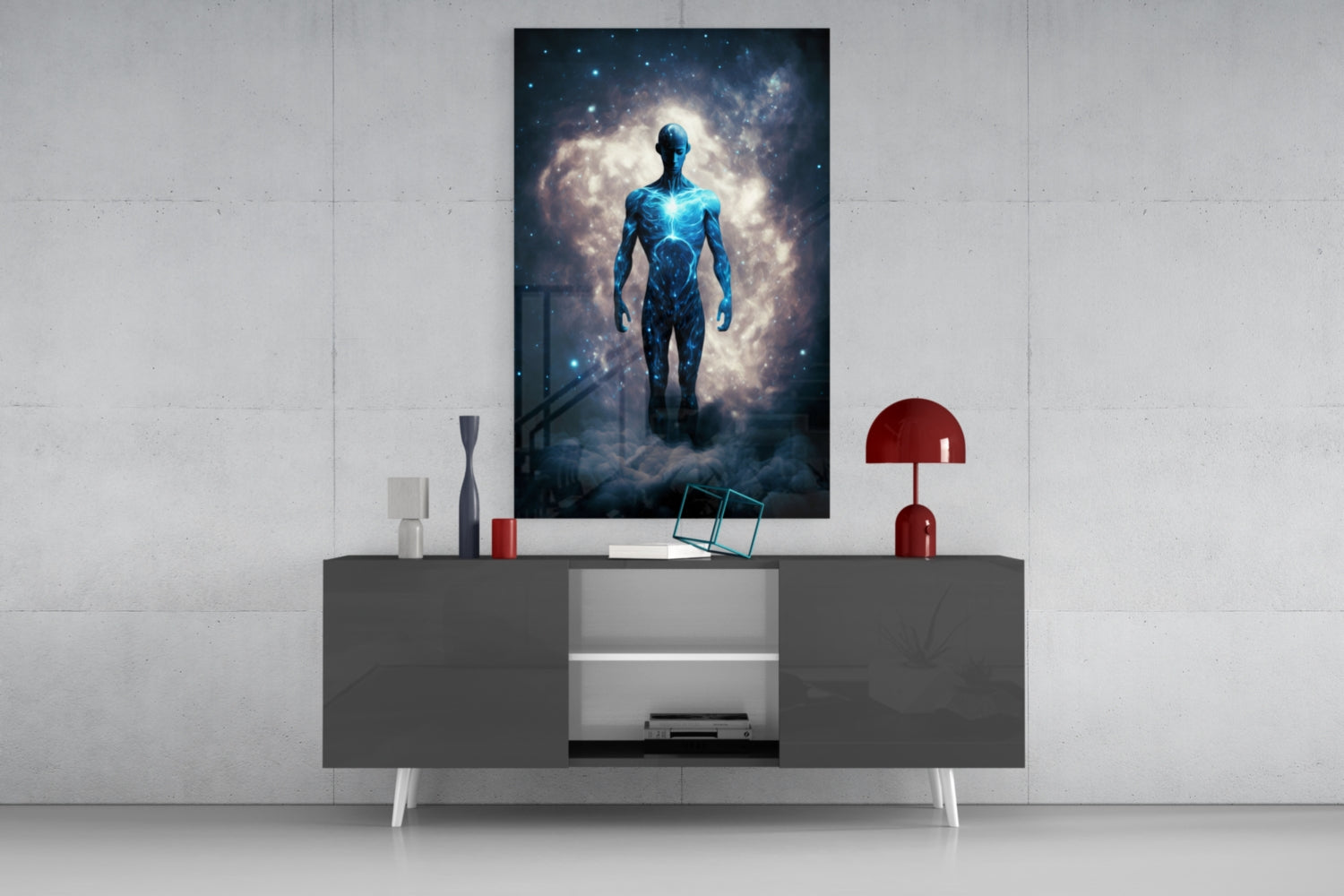 Starlit Figure Rising Over Clouds Glass Wall Art