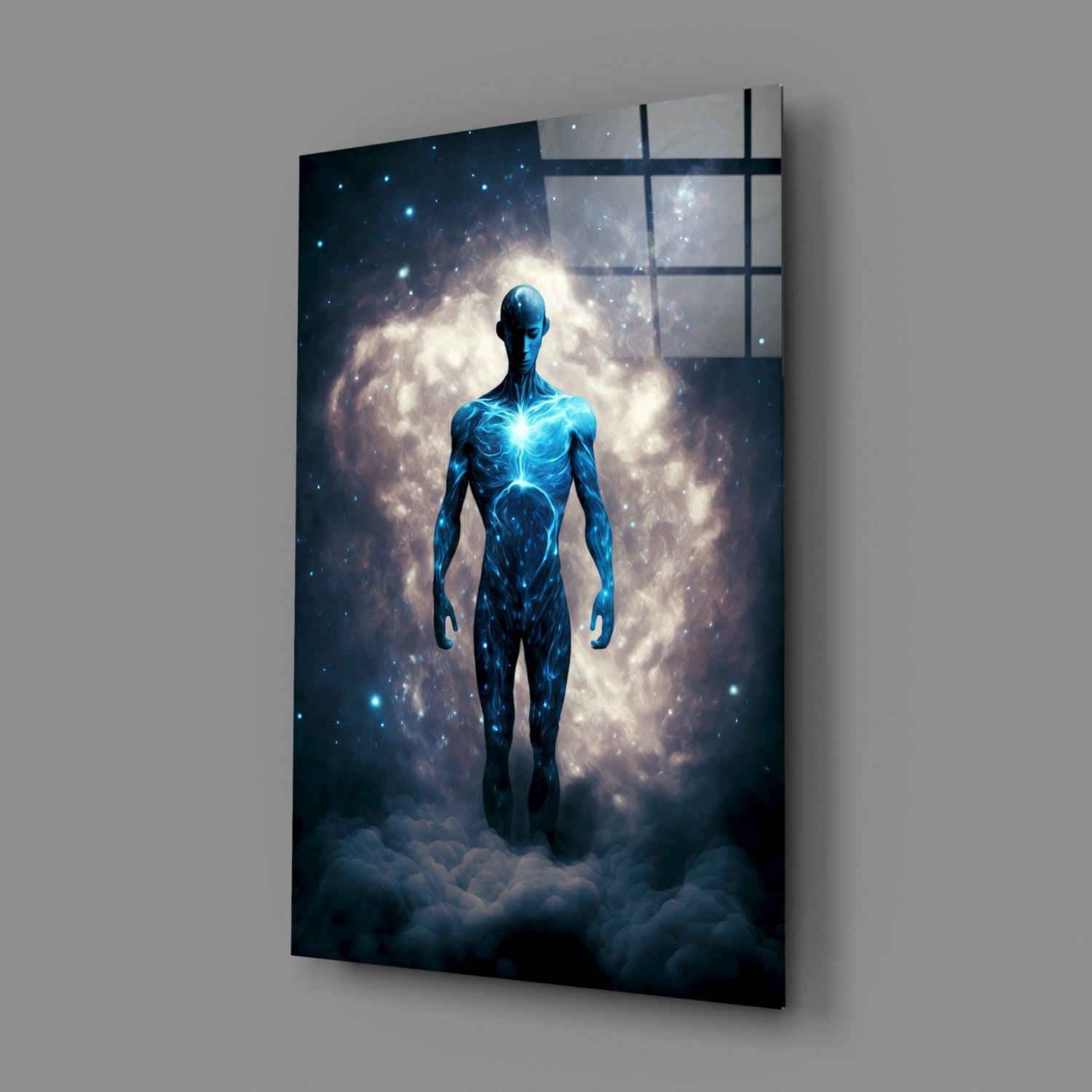 Starlit Figure Rising Over Clouds Glass Wall Art