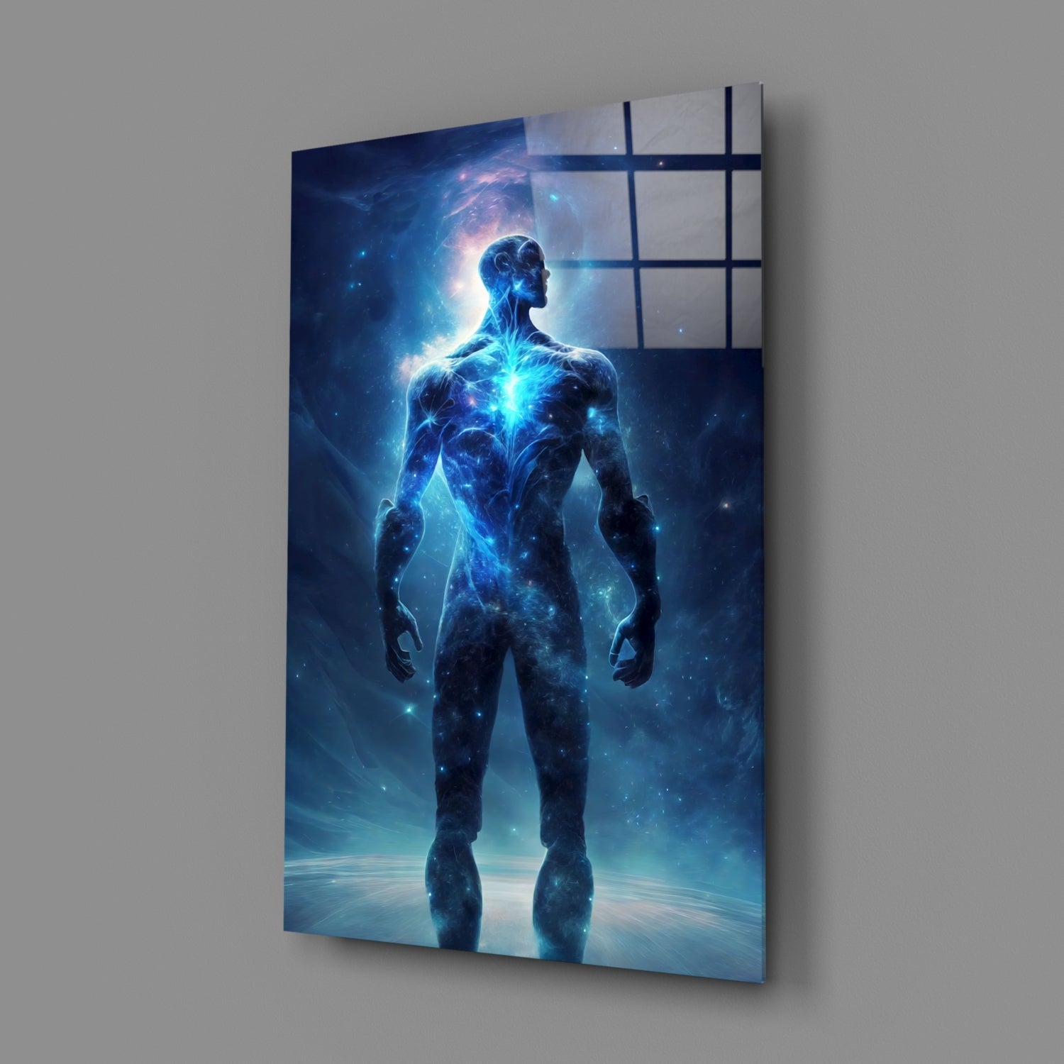 Glowing Blue Cosmic Man Standing Glass Wall Art